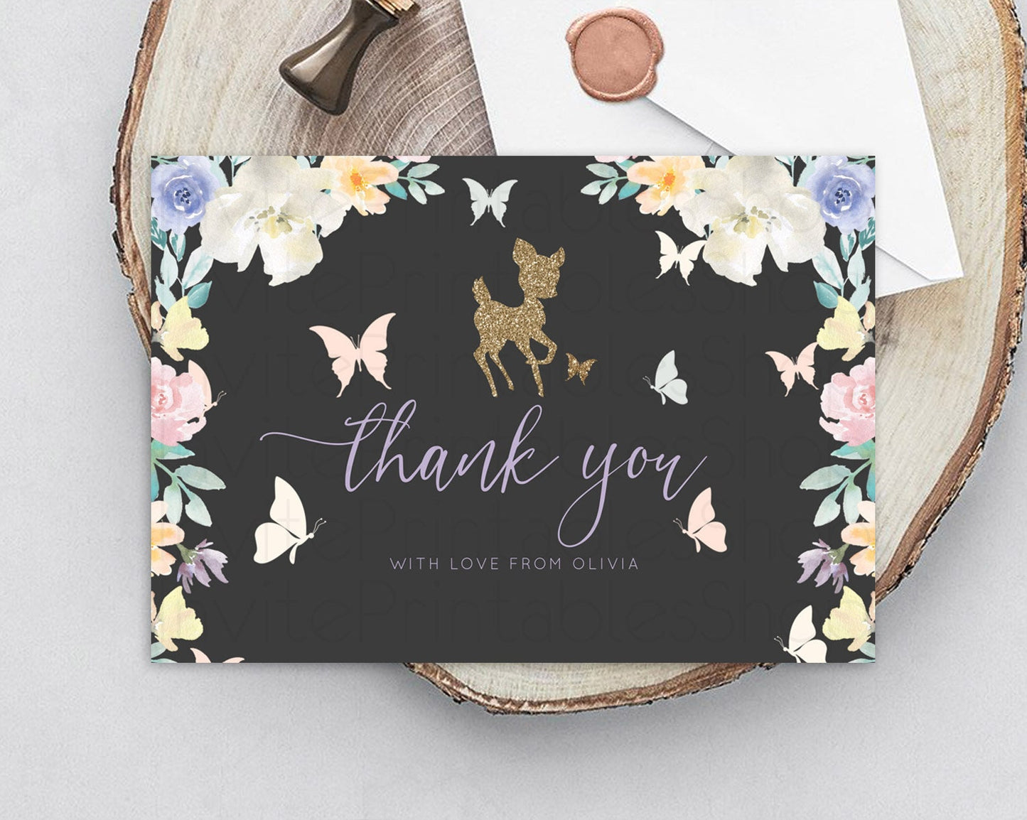 Fawn Thank You Deer Thank You Card Pastel Floral Deer Birthday Thank You Card Enchanted Forest Butterfly Deer Teacher Thank You Card D10323