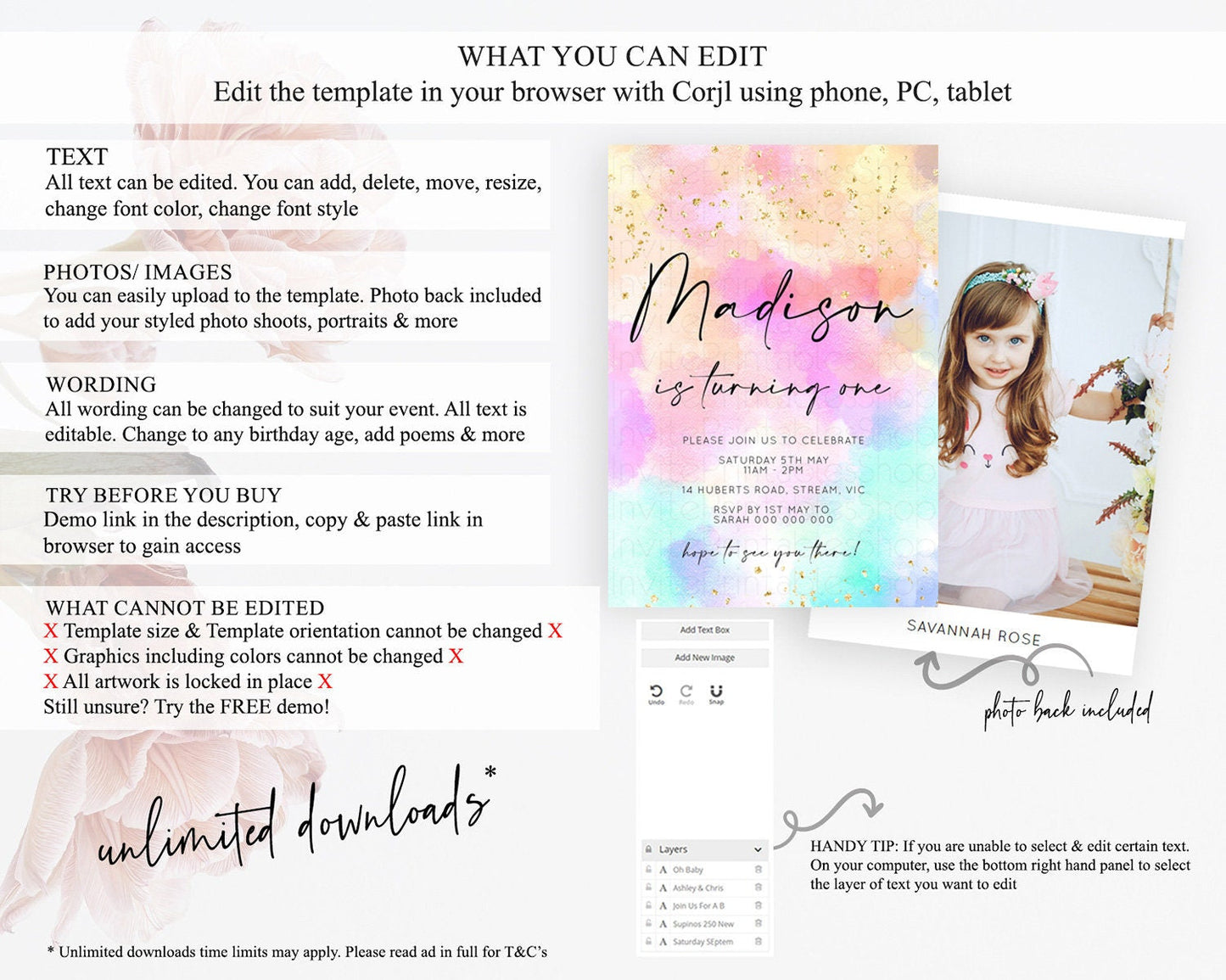 Rainbow Birthday Invitation Colorful Pastel Watercolor Invitation Gold Glitter Sprinkles Ombre Pastel 1st 2nd 3rd Birthday D10667