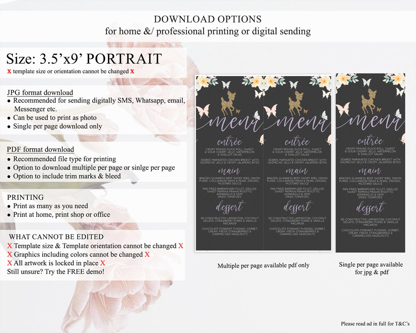 Fawn Menu Deer Menu Template Pastel Floral Deer Table Decor Enchanted Forest Butterfly Floral Dinner Dessert Menu Party Food Menu D10323