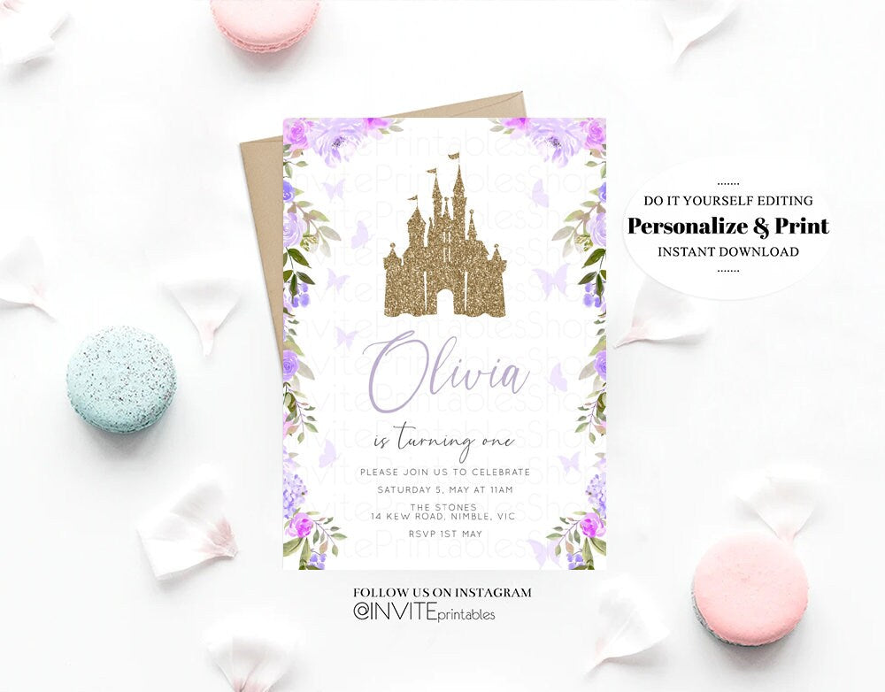 Princess Birthday Invitation Gold Glitter Enchanted Castle Royal Celebration Fairytale Floral Garden Purple Be Our Guest Custom Invite