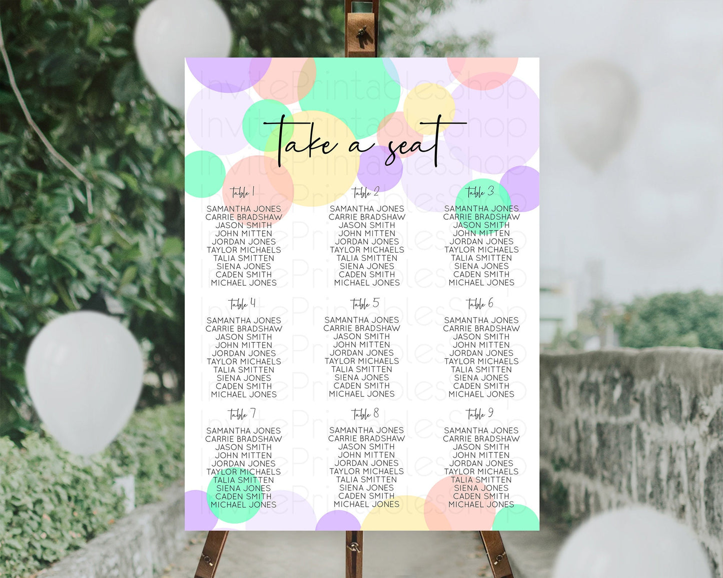 Editable Pastel Seating Chart Pastel Confetti Seating Chart Bubbles Sprinkle