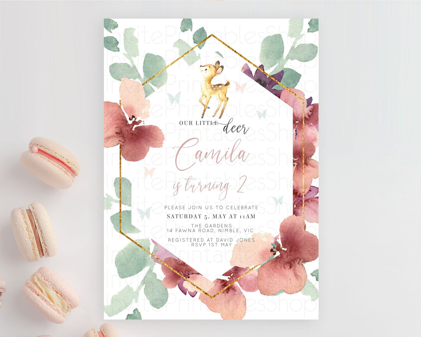 Fawn Birthday Invitation Deer Birthday Invitation Enchanted Forest Party Butterfly Pastel Flowers Whimsical 2nd 1st First Birthday D10915