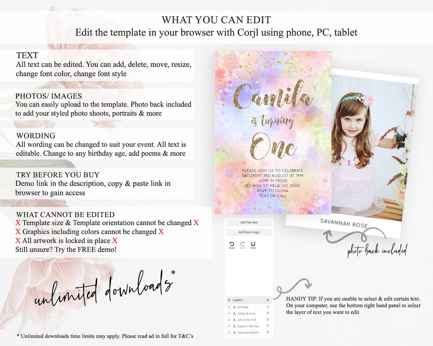 Rainbow Birthday Invitation Colorful Pastel Watercolor Invitation Gold Glitter Sprinkles Ombre Pastel 1st 2nd 3rd Birthday D11019