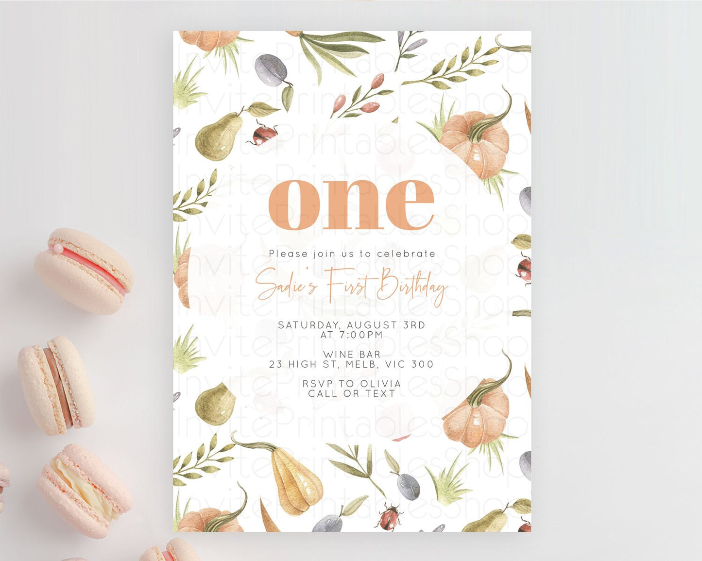 Pumpkin Invitation Pear Invitation Ladybug Invitation Plum Invitation Ladybug Invitation Watercolor Invitation 2nd First Birthday D10543