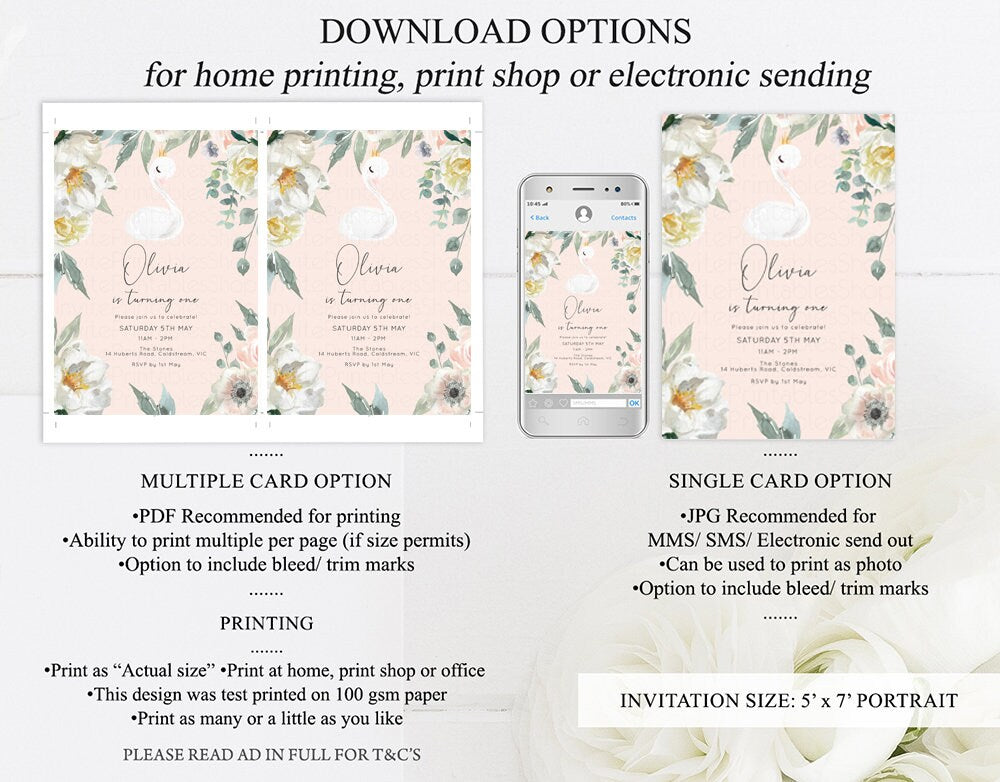 Swan Princess Birthday Invitation Swan Crown Princess Magical Enchanted Woodland Floral Secret Garden White Flowers  Custom Printable Invite