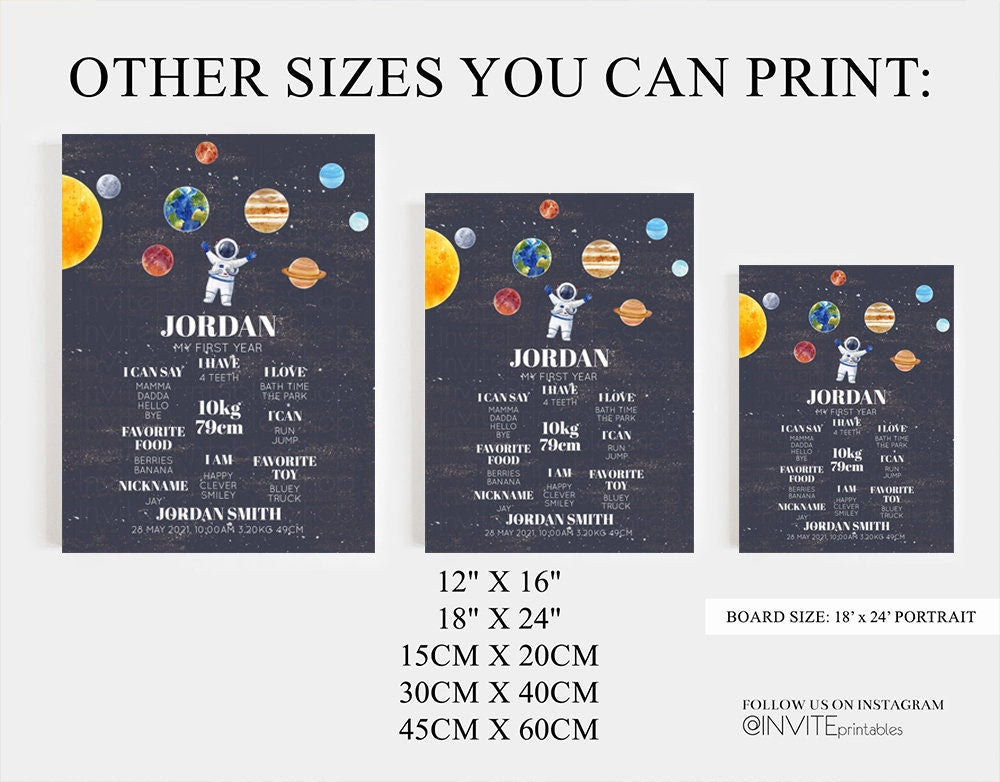 Space Baby Milestone Board Astronaut First Birthday Poster Solar System Planets 1st Birthday Baby Keepsake Rocket Ship Moon Galaxy Stars 494