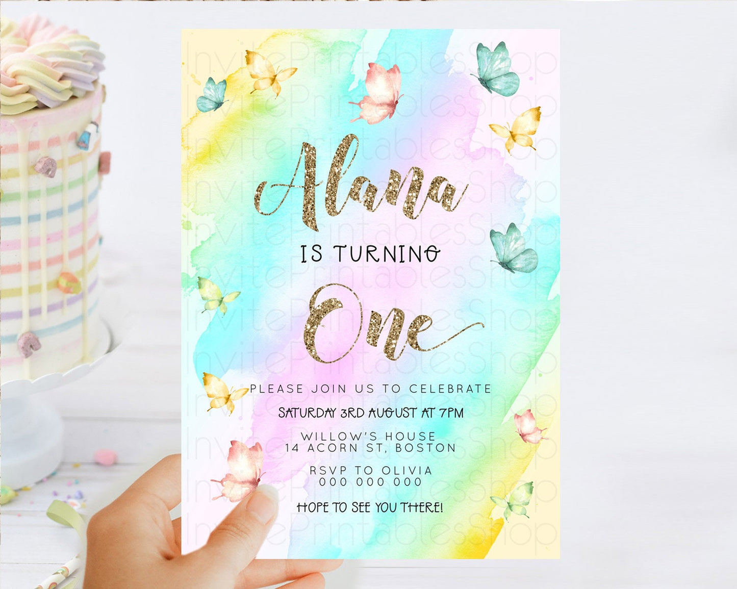 Pastel Butterfly Birthday Invitation Butterfly Birthday Invitation Colorful Splash Glitter Butterfly Garden 1st 2nd Birthday D23238