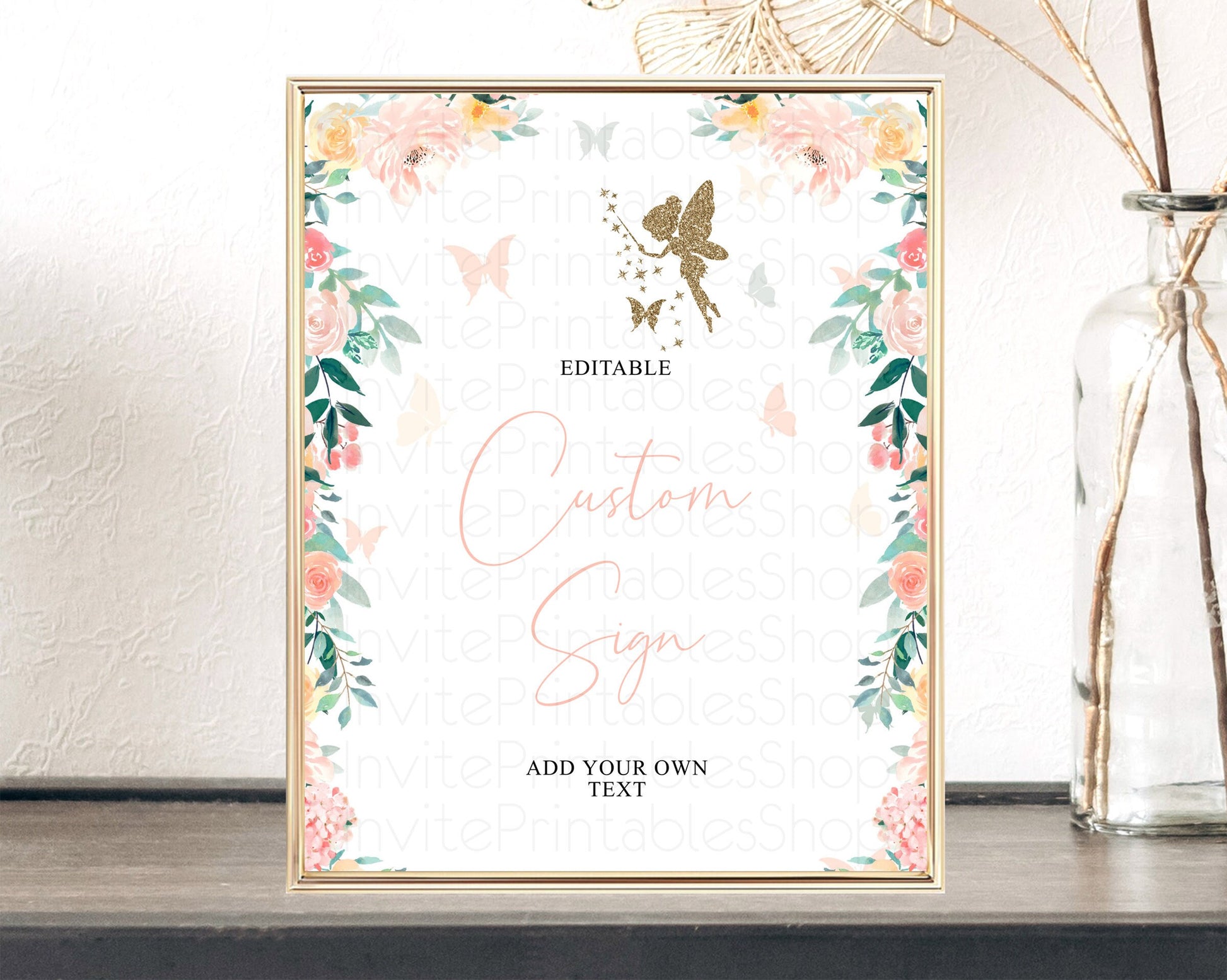 Editable Fairy Sign Enchanted Garden Table Sign Decor Pastel Floral Butterfl