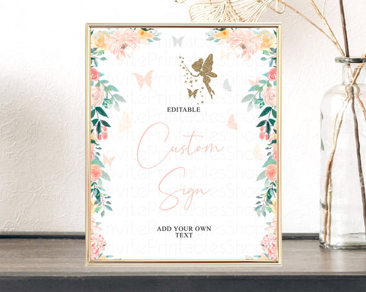 Editable Fairy Sign Enchanted Garden Table Sign Decor Pastel Floral Butterfl