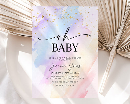 Rainbow Baby Shower Invitation Pastel Baby Shower Invitation Watercolor Ombre Invitation Rainbow Pastel Colors Invite Glitter Confetti t600