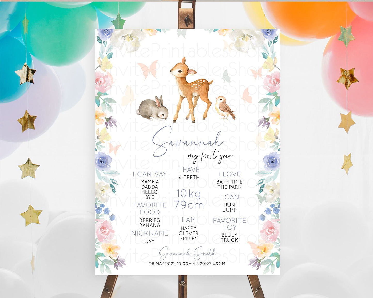 Fawn First Birthday Milestone Board Deer First Birthday Milestone Poster Enchanted Forest Butterfly Pastel Flowers 1st Birthday Sign D10930