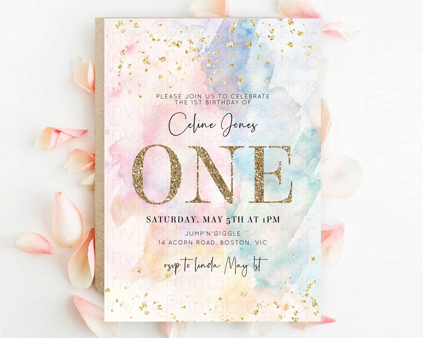 Rainbow Birthday Invitation Colorful Pastel Watercolor Invitation Gold Glitter Sprinkles Ombre Pastel 1st 2nd 3rd Birthday D10263