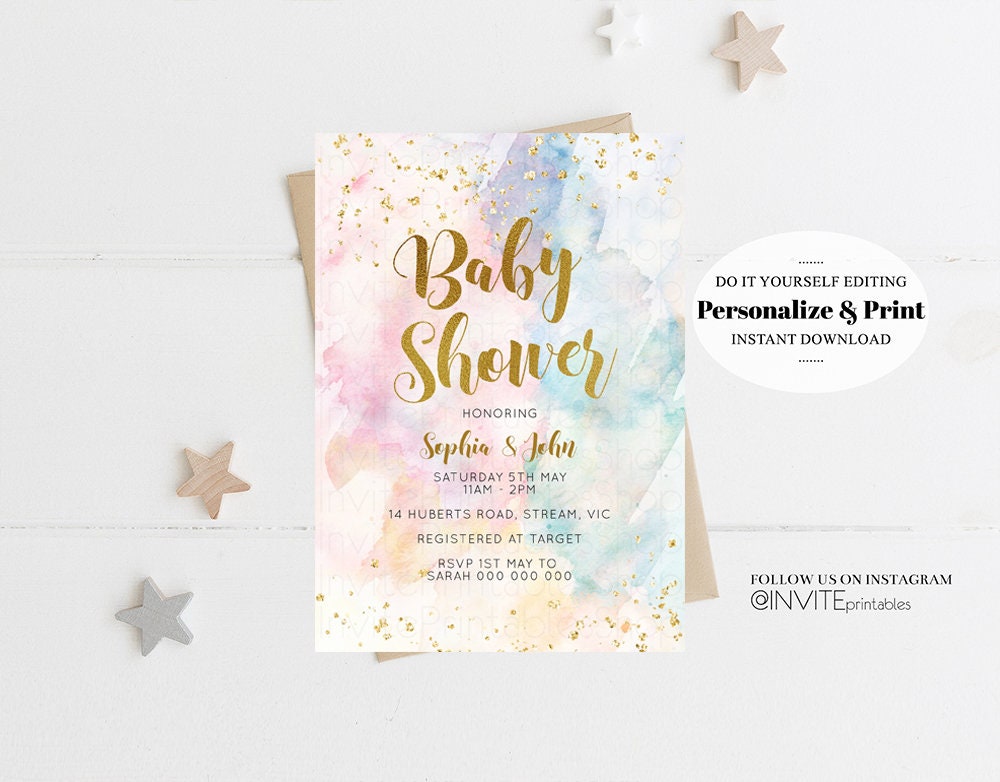 Rainbow Baby Shower Invitation Watercolor Pastel Invitation Colorful Splash Baby Shower Invite Gold Glitter Sprinkles Ombre 276