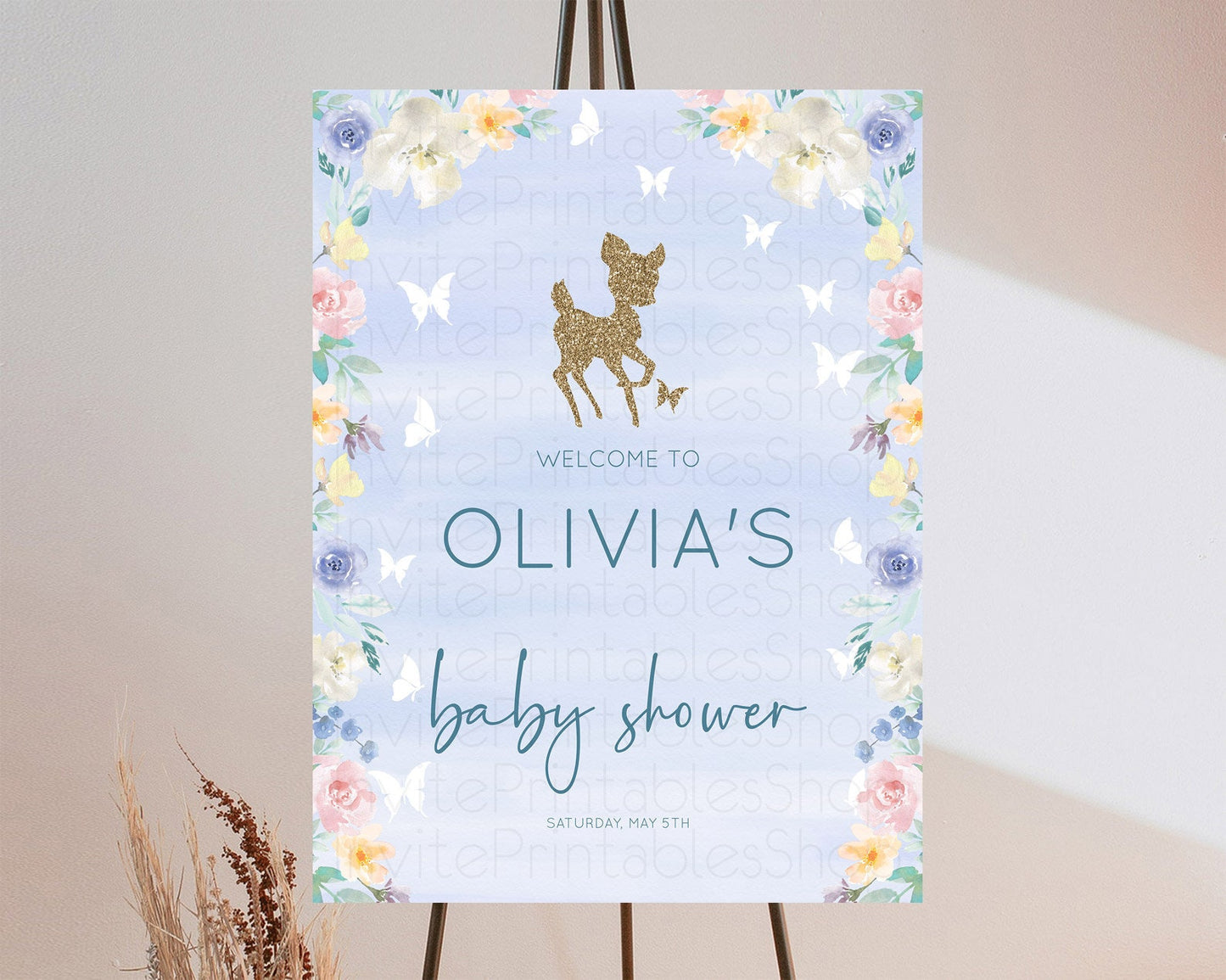 Fawn Baby Shower Welcome Sign Deer Welcome Board Floral Deer Welcome Poster Enchanted Forest Butterfly Pastel Floral Welcome Sign D10879