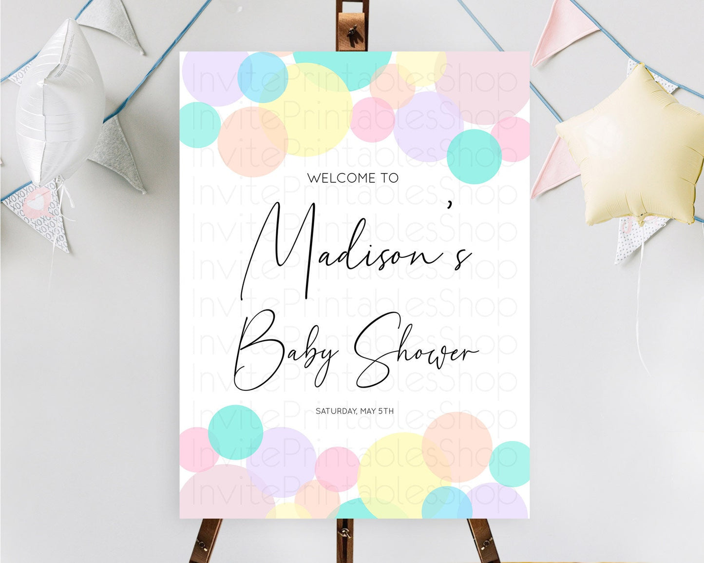 Rainbow Baby Shower Welcome Sign Pastel Welcome Board Pastel Rainbow Confetti Welcome Sign Colorful Bubbles Pastel Welcome Sign D10784