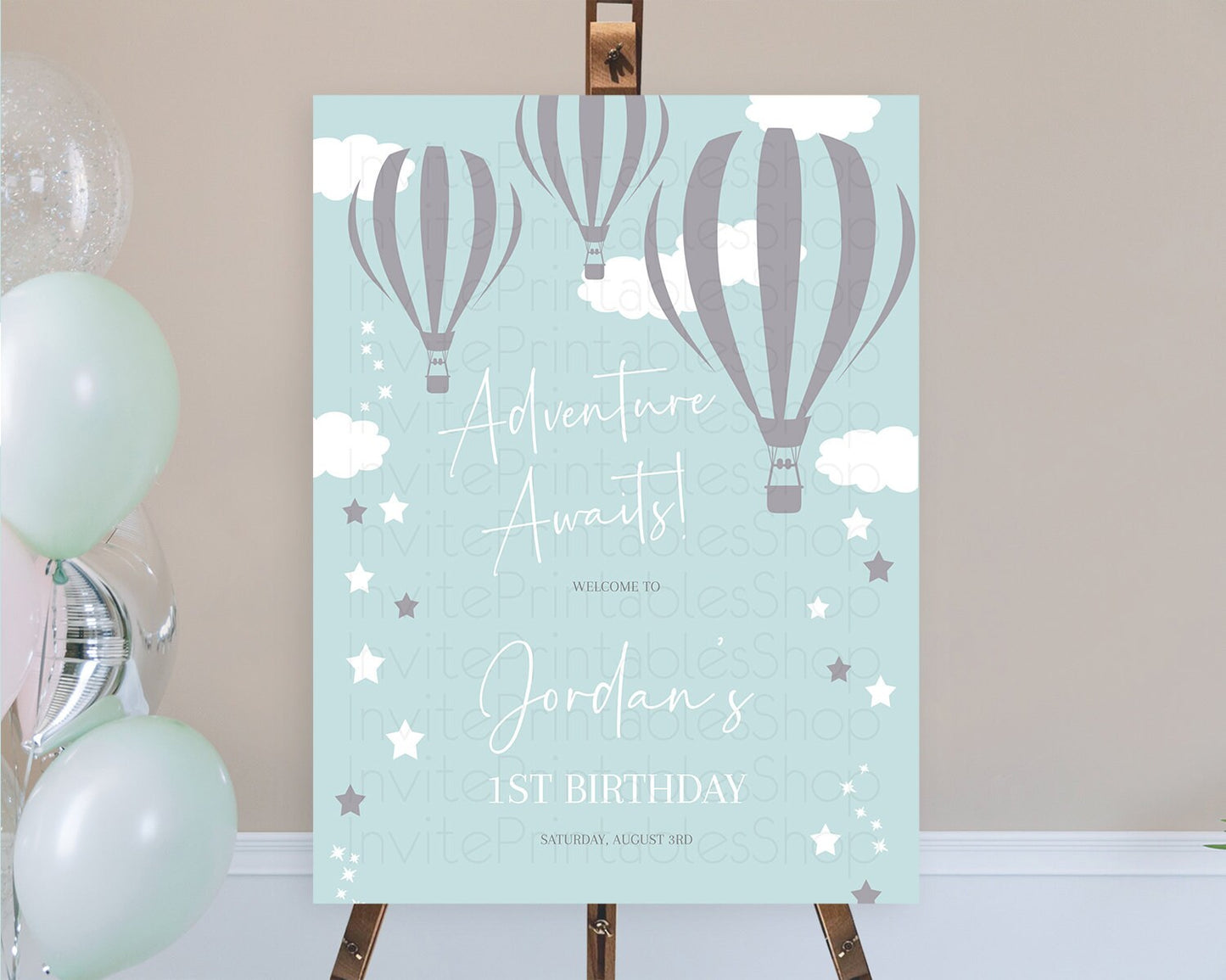 Hot Air Balloon First Birthday Welcome Board Hot Air Balloon Welcome Board Adventure Awaits Watercolor First Birthday Welcome Sign D10324