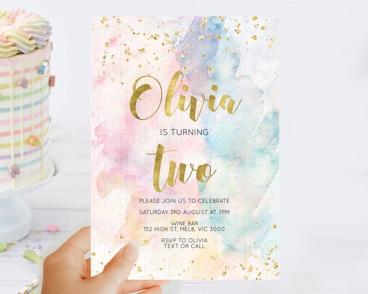 Rainbow Birthday Invitation Colorful Pastel Watercolor Invitation Gold Glitter Sprinkles Ombre Pastel 1st 2nd 3rd Birthday D10265