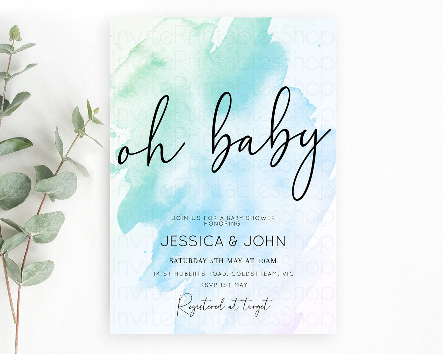 Blue Baby Shower Invitation Blue Watercolor Baby Shower Invitation Pastel Blue Watercolor Invitation Blue Splash Gold Invitation D10168