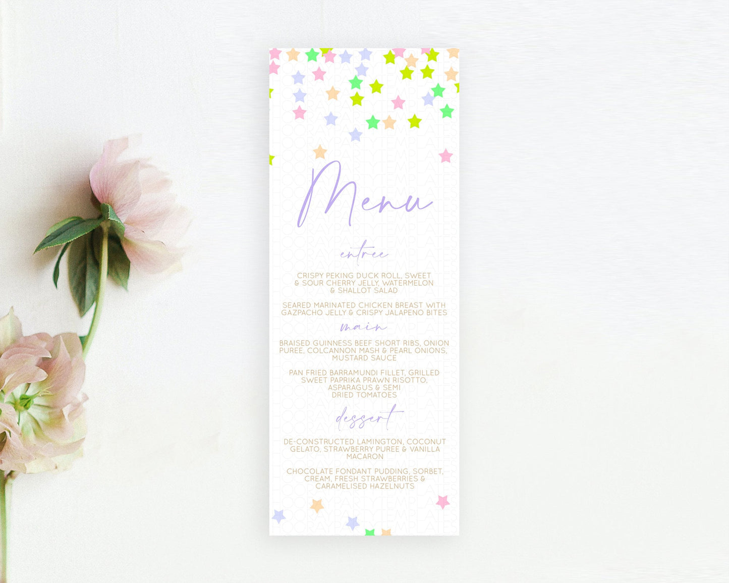 Star Menu Template Pastel Stars Menu Shooting Star Twinkle Little Star Decor Rainbow Colorful Confetti Dinner Dessert Food Menu D10396