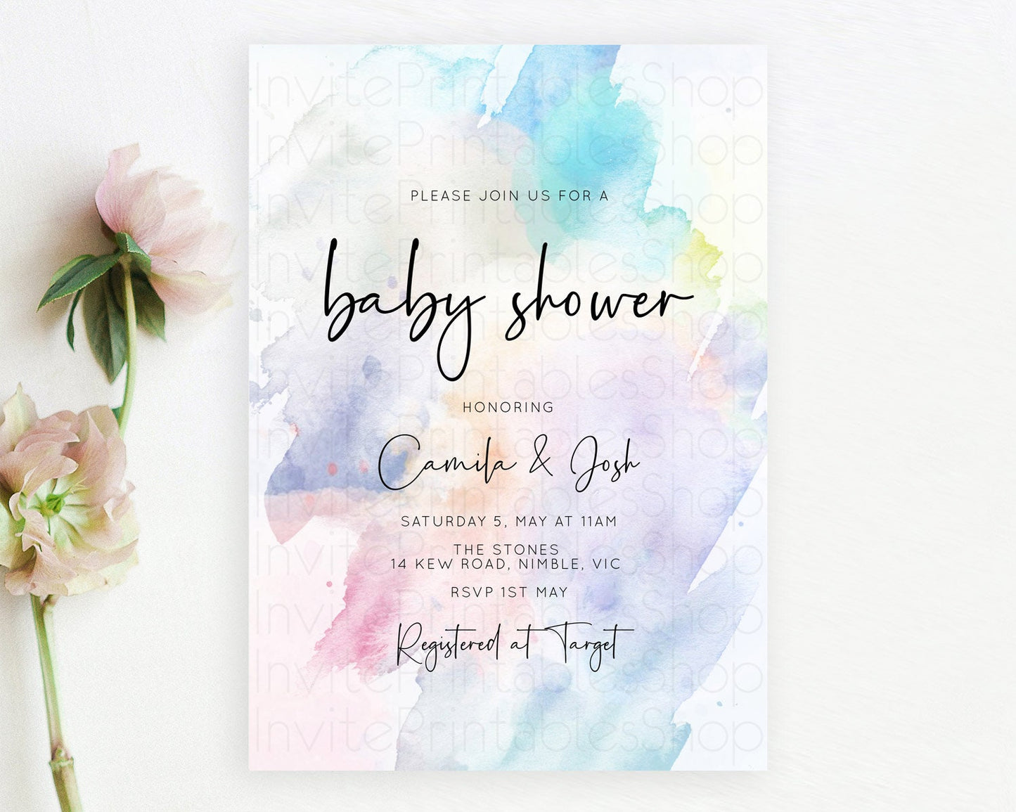 Pastel Baby Shower Invitation Rainbow Baby Shower Invitation Colorful Pastel Watercolor Invitation Gold Glitter Sprinkles Ombre D10585