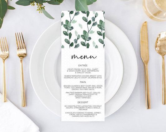 Editable Leafy Menu Green Leaf Menu Template Eucalyptus Fern Leaves Decor Wa