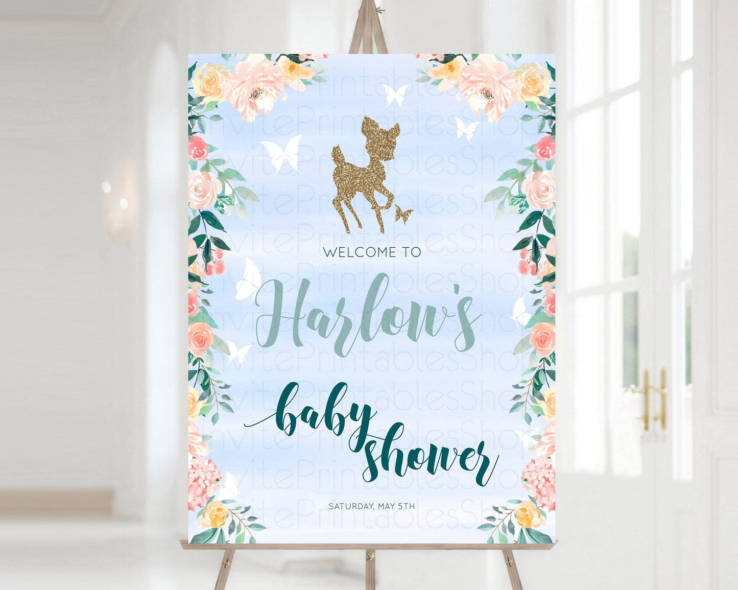 Fawn Baby Shower Welcome Sign Deer Welcome Board Floral Deer Welcome Poster Enchanted Forest Butterfly Pastel Floral Welcome Sign D10875