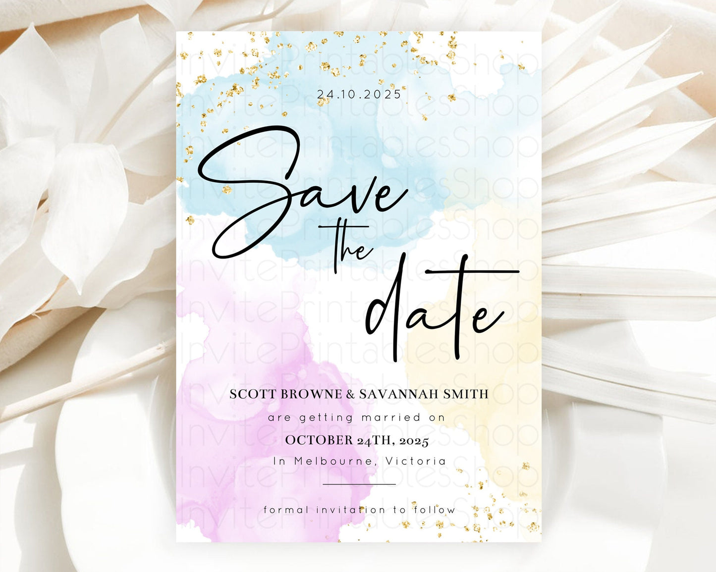 Pastel Save The Date Template Pastel Ombre Rainbow Watercolor Colorful Party For Birthday Baptism Baby Shower Wedding Bridal Shower D10155