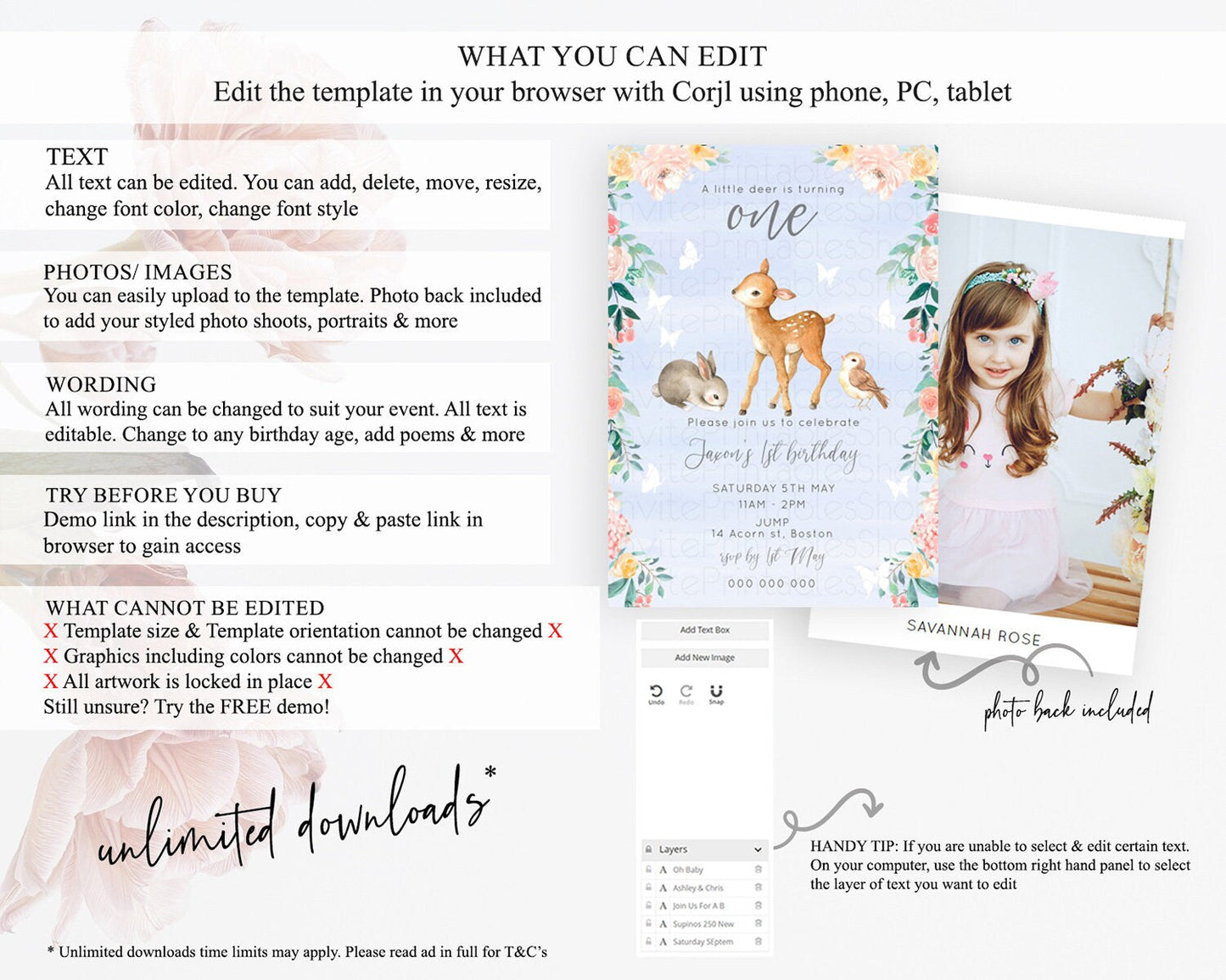 Fawn Birthday Invitation Deer Birthday Invitation Enchanted Forest Party Butterfly Pastel Flowers Whimsical 2nd 1st First Birthday D10920