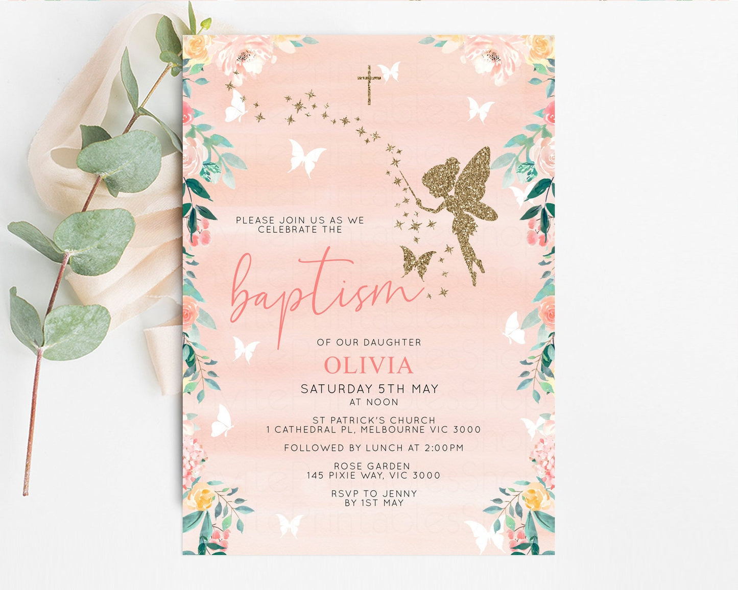 Fairy Baptism Invite Fairy Christening Invite Enchanted Forest Invite Secret Garden Invite Whimsical Floral Invite Botanical High Tea f238