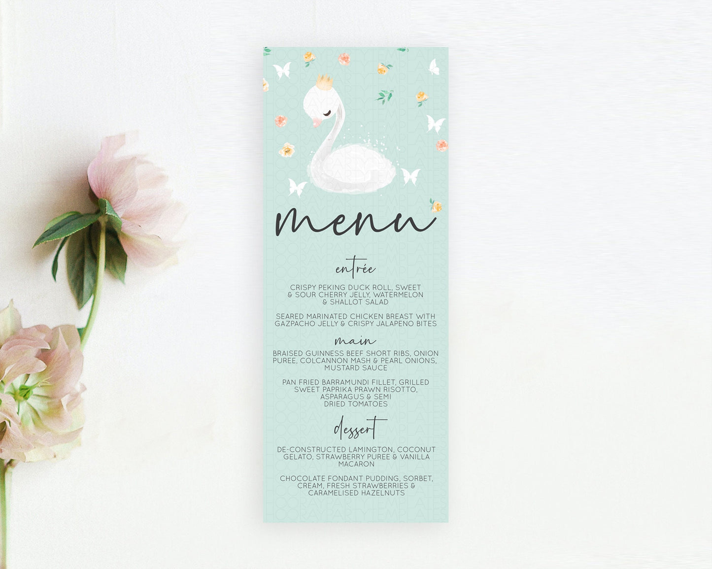 Swan Menu Swan Princess Ballet Menu Template Enchanted Swan Lake Table Decor Secret Garden Pastel Floral Dinner Dessert Food Menu  D10905