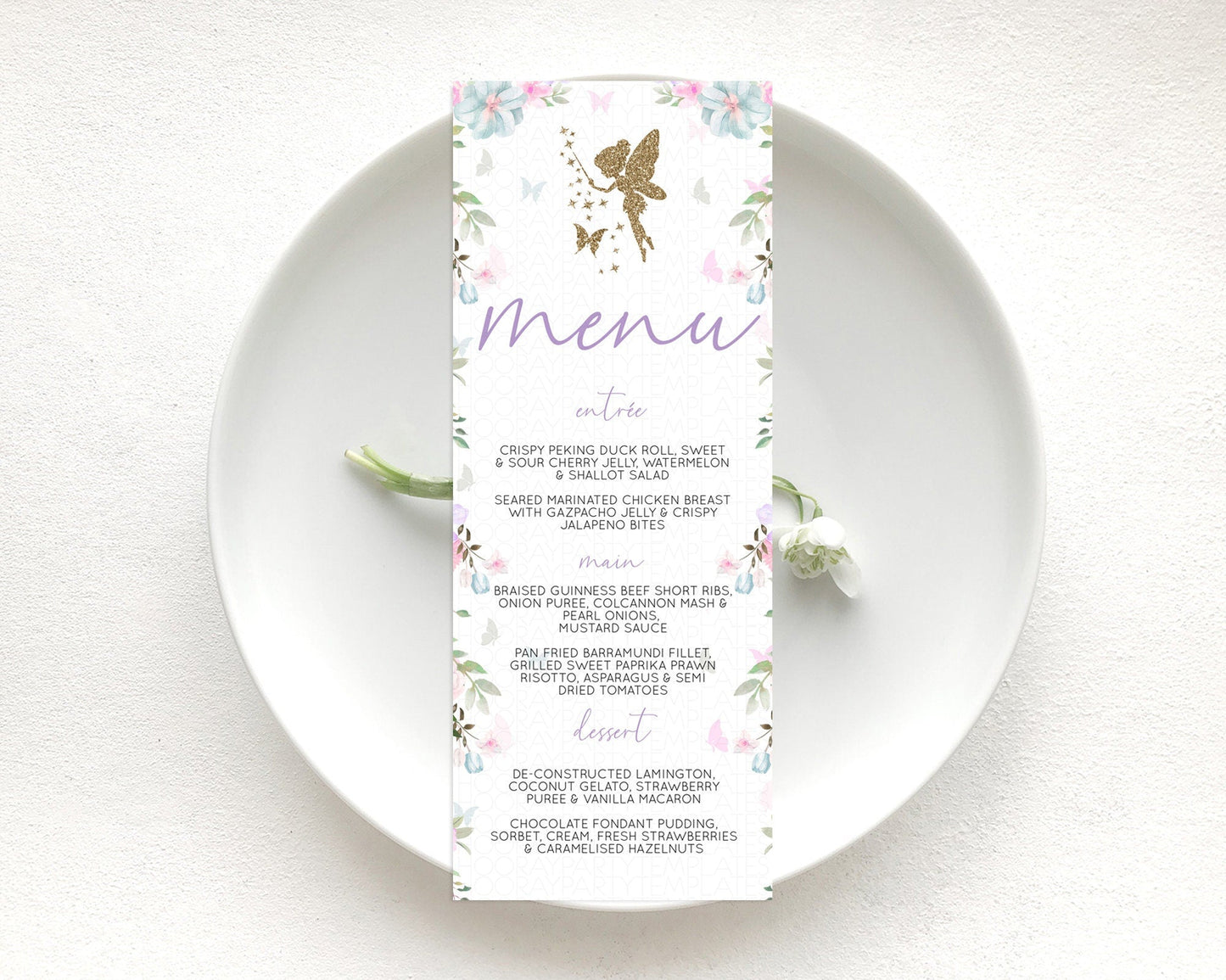 Fairy Menu Fairy Menu Template Enchanted Garden Pastel Floral Butterfly Table Decor Fairy Secret Garden Dinner Dessert Food Menu D10475