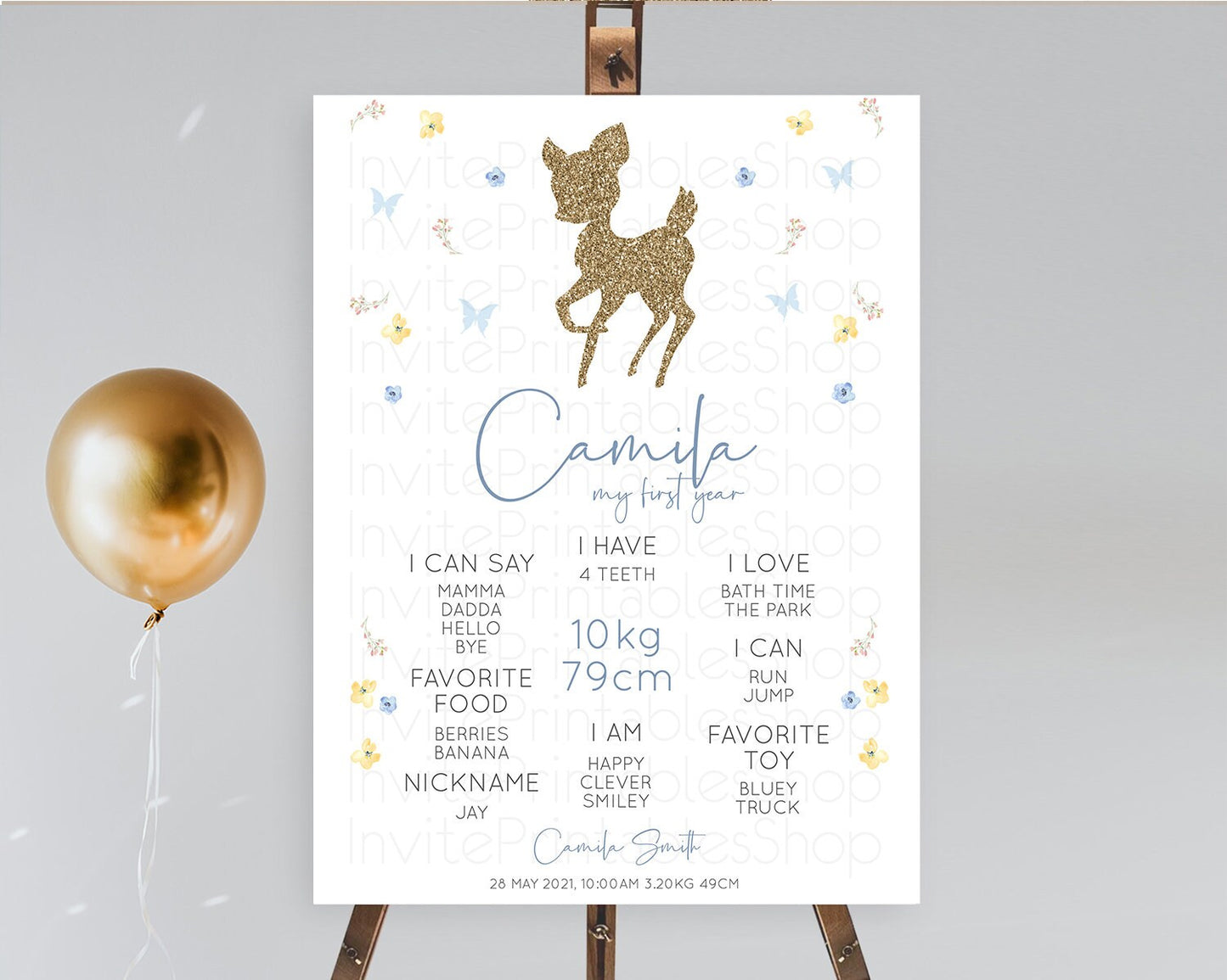 Fawn First Birthday Milestone Board Deer First Birthday Milestone Poster Enchanted Forest Butterfly Pastel Flowers 1st Birthday Sign D10360