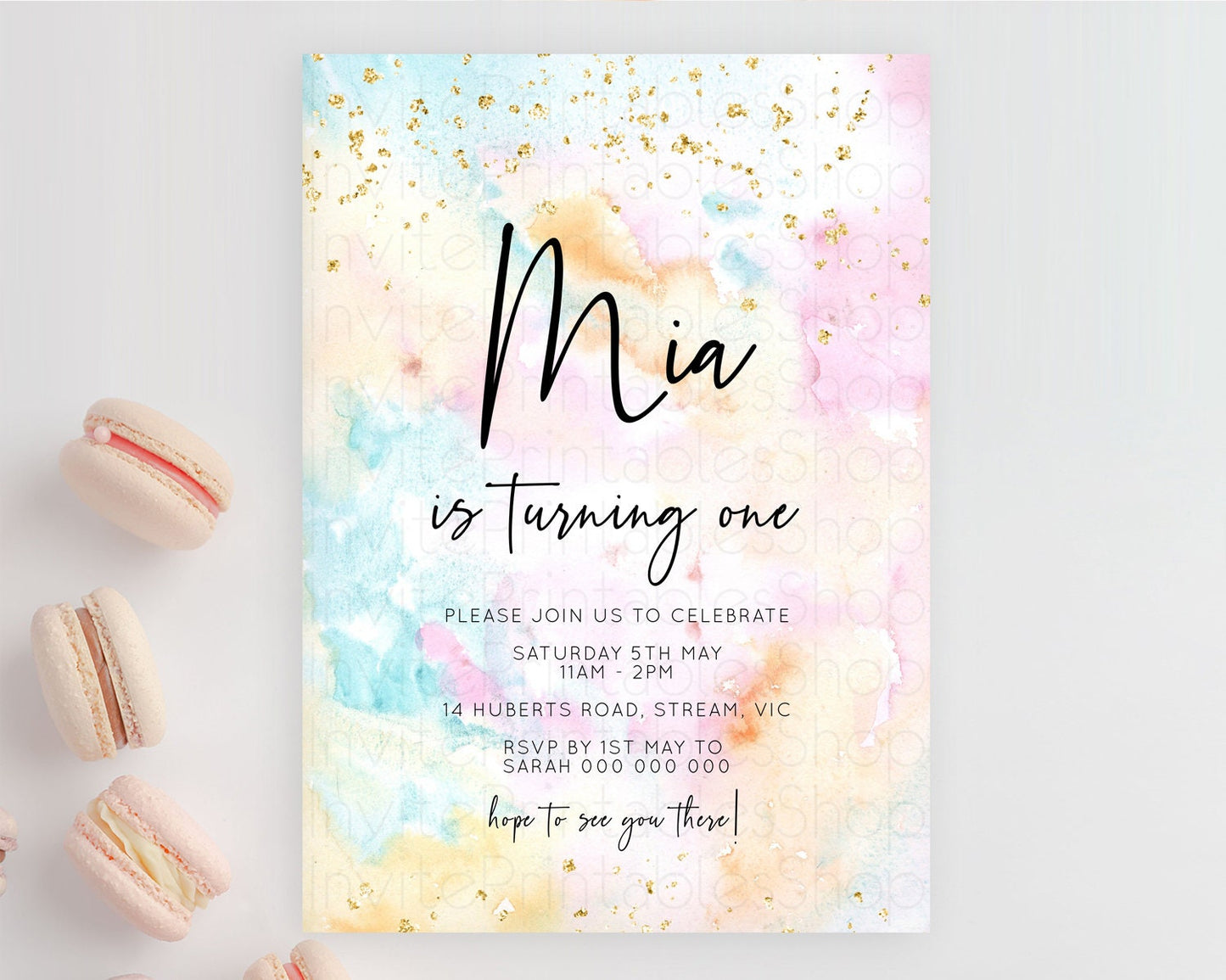 Rainbow Birthday Invitation Colorful Pastel Watercolor Invitation Gold Glitter Sprinkles Ombre Pastel 1st 2nd 3rd Birthday D10548