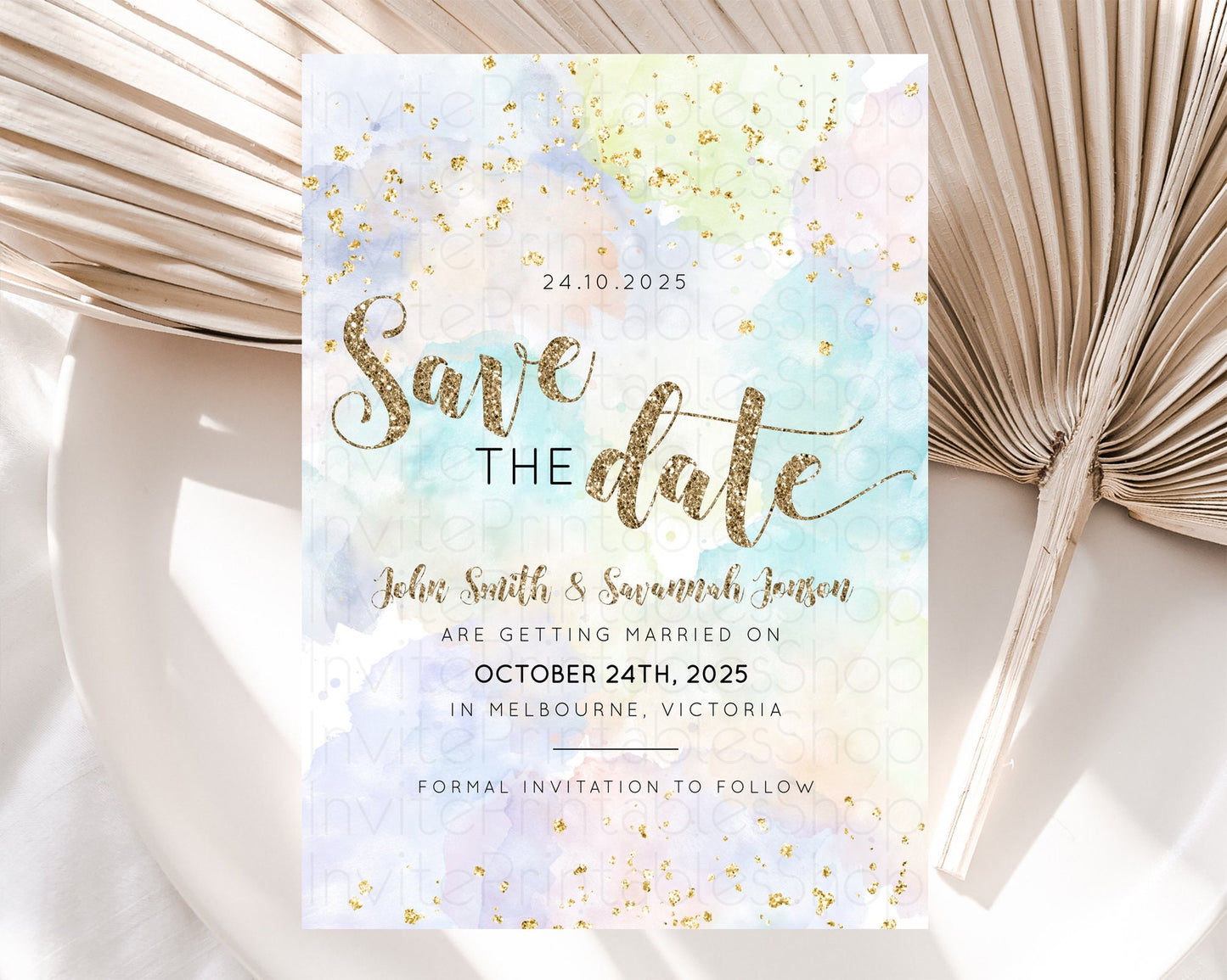 Pastel Save The Date Template Pastel Ombre Rainbow Watercolor Colorful Party For Birthday Baptism Baby Shower Wedding Bridal Shower D10613