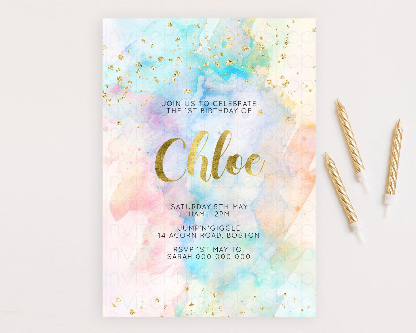 Rainbow Birthday Invitation Colorful Pastel Watercolor Invitation Gold Glitter Sprinkles Ombre Pastel 1st 2nd 3rd Birthday D10272