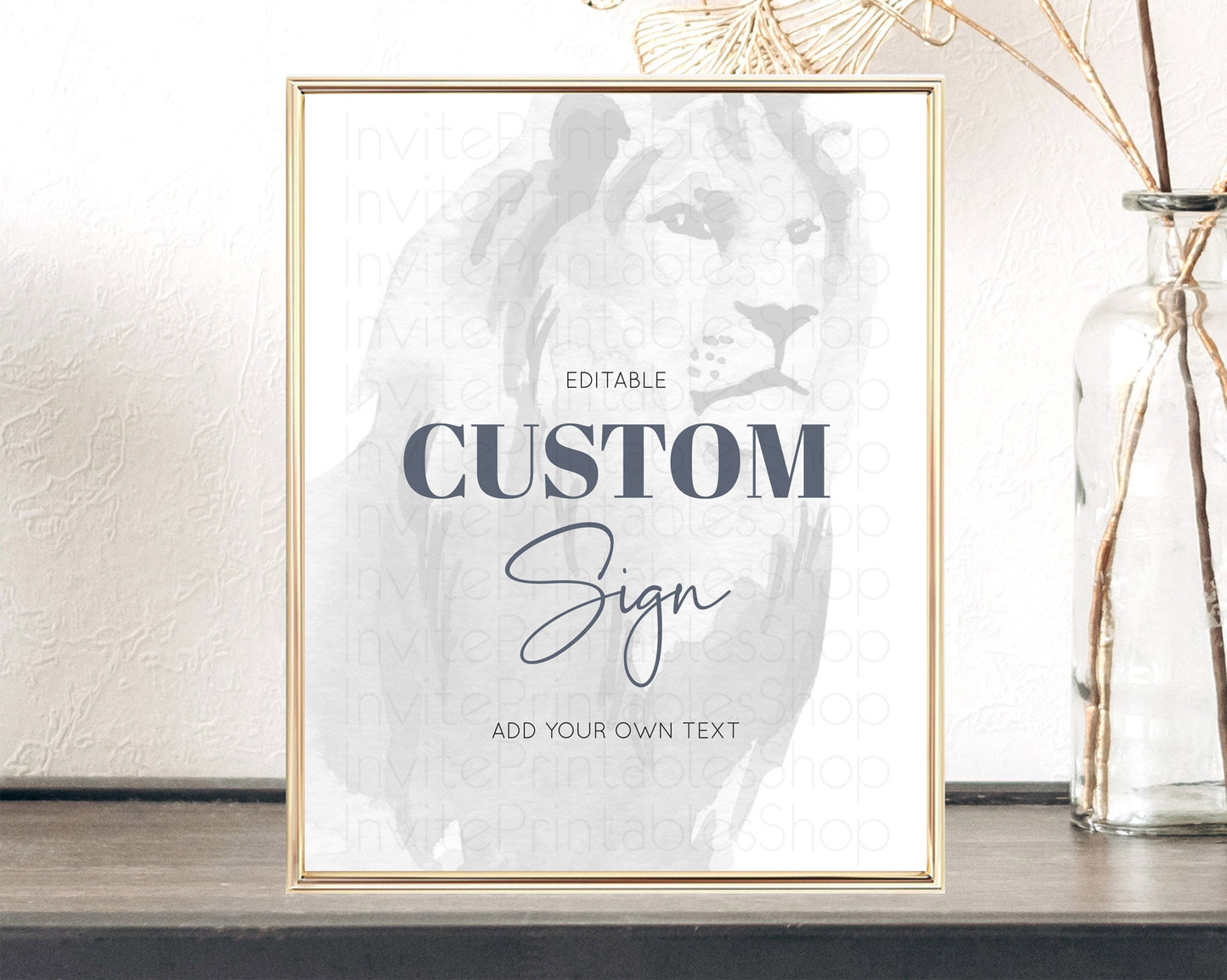 Lion Table Sign Decor Lion Safari Adventure Party Dried Palm Ferns Zoo 1st Birthday Baptism Baby Shower Bridal Shower Wedding D10299