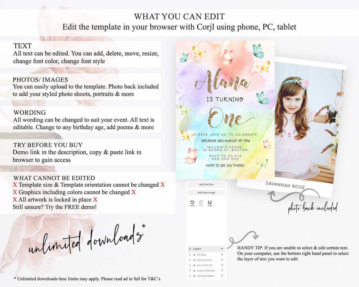 Pastel Butterfly Birthday Invitation Butterfly Birthday Invitation Colorful Splash Glitter Butterfly Garden 1st 2nd Birthday D23255