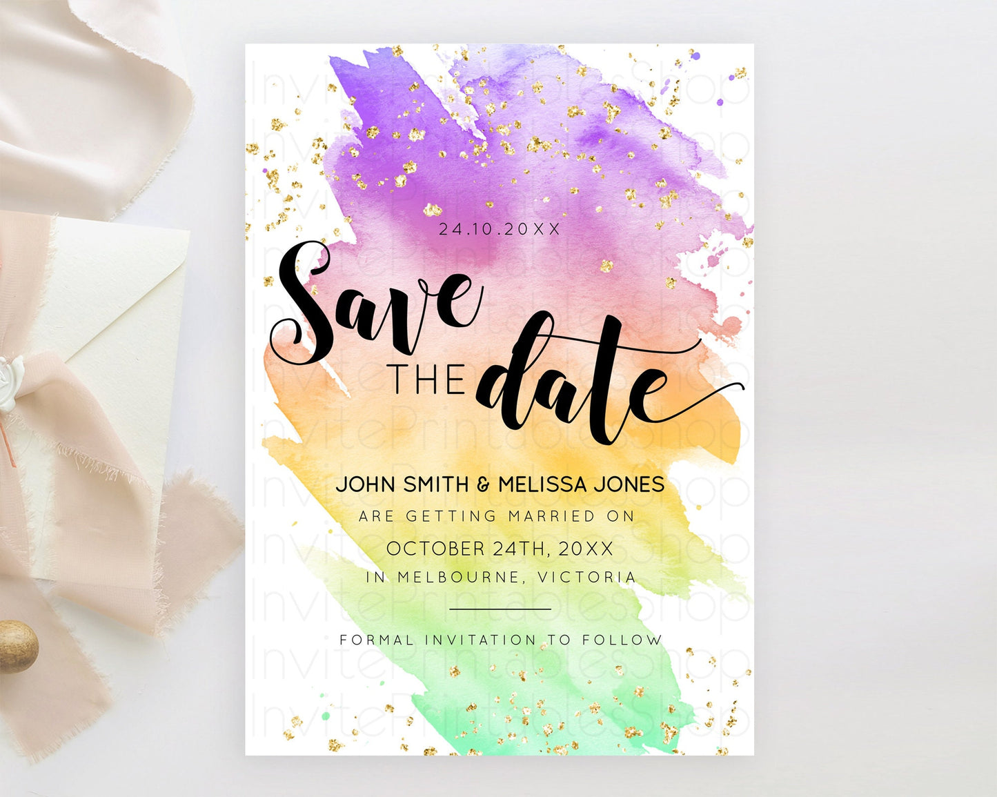 Pastel Save The Date Template Pastel Ombre Rainbow Watercolor Colorful Party For Birthday Baptism Baby Shower Wedding Bridal Shower D10517