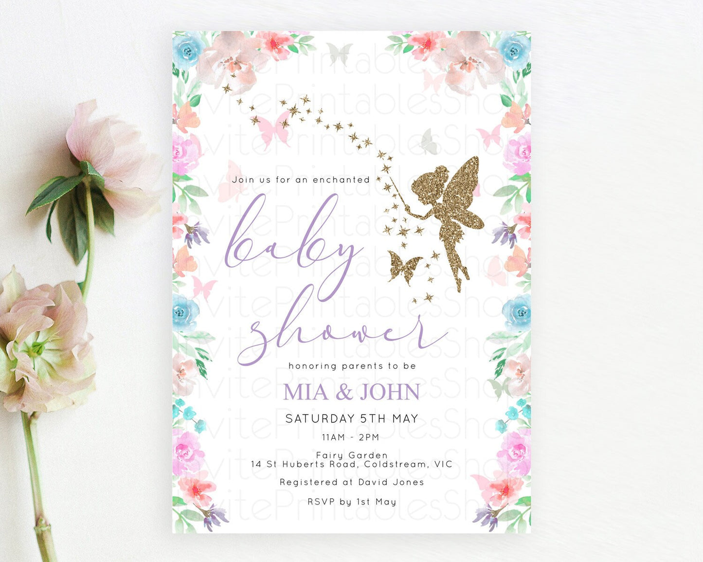 Fairy Baby Shower Invitation Fairy Garden Baby Shower Invitation Enchanted Garden Baby Shower Fairy Glitter Colorful Pastel Floral D10126