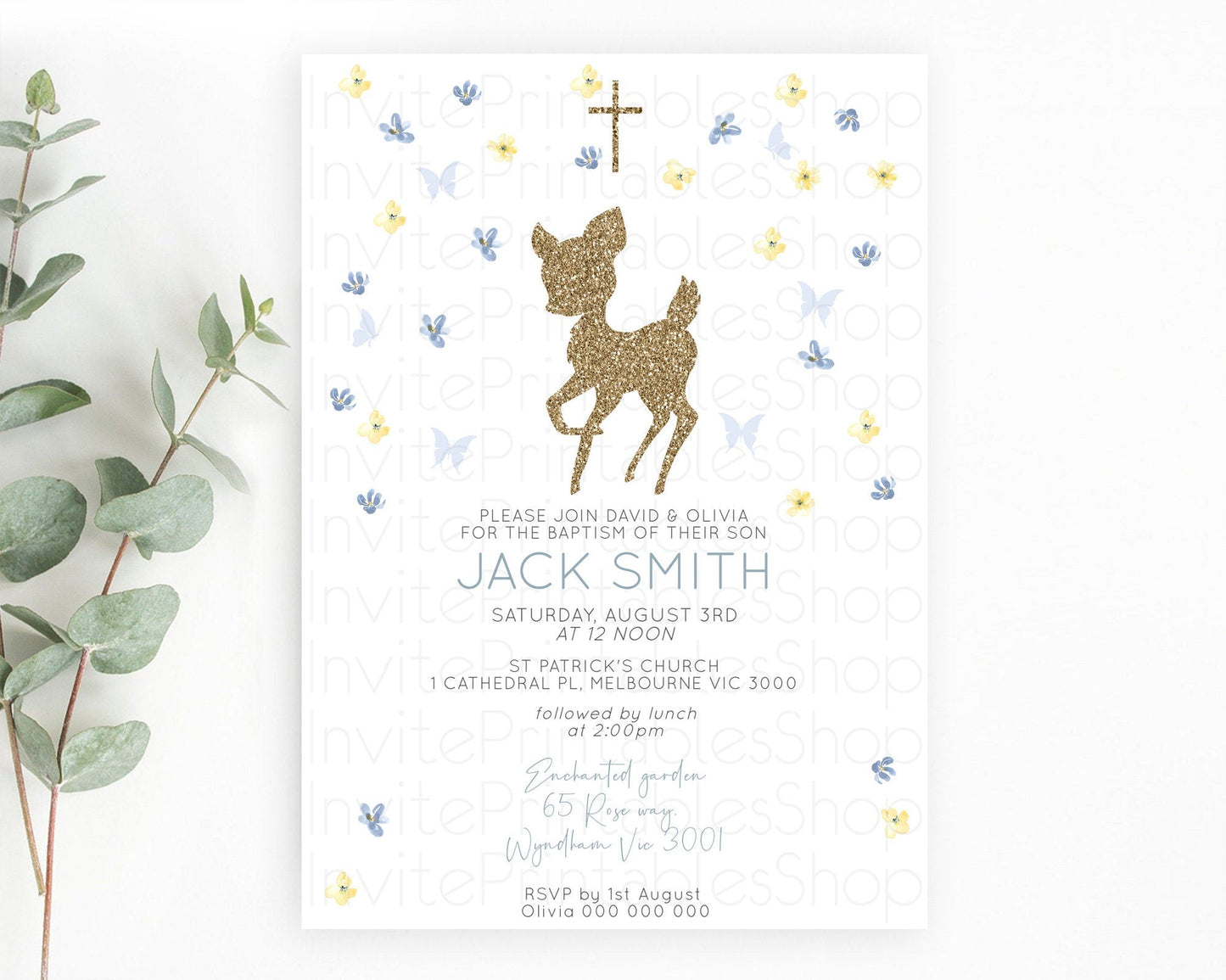 Fawn Baptism Invitation Deer Baptism 1st Birthday Invitation Enchanted Forest Christening Invitation Pastel Garden Butterfly Floral D10864
