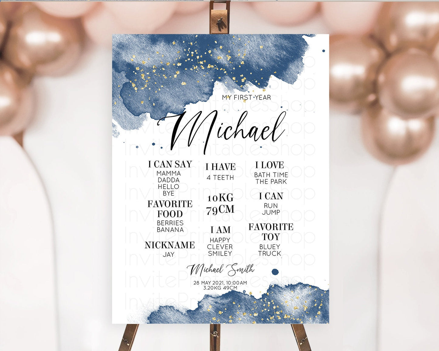 Blue First Birthday Milestone Poster Blue Watercolor Milestone Board Pastel Blue Watercolor Splash Milestone Board 1st Birthday Sign D10312