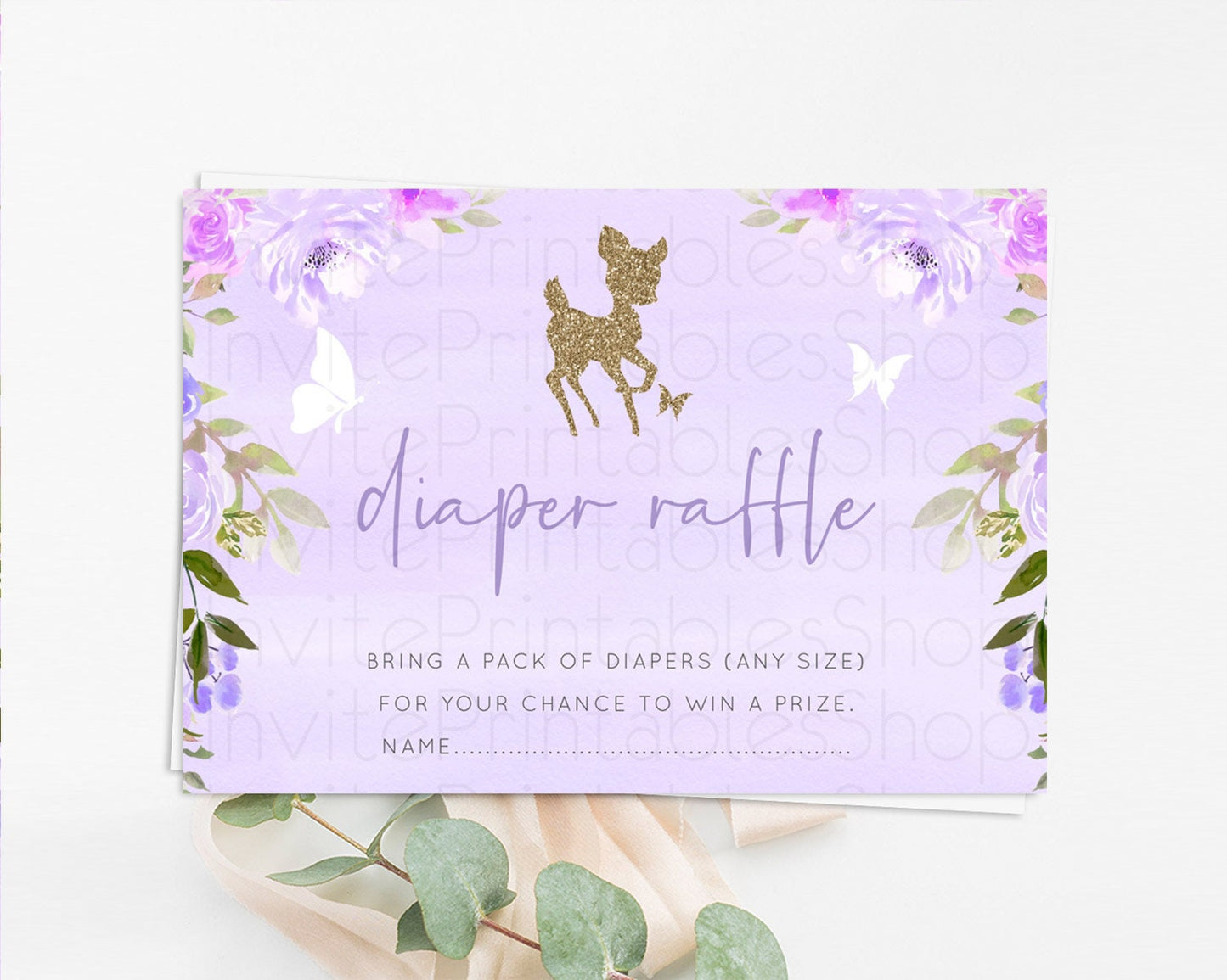 Fawn Diaper Raffle Card Deer Diaper Insert Floral Deer Diaper Ticket Enchanted Forest Butterfly Pastel Baby Shower Raffle Game D10963