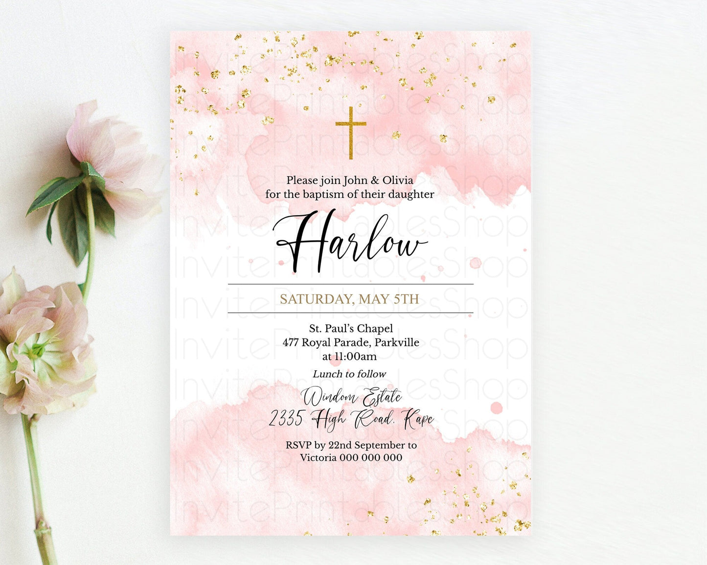 Pink Baptism Invitation Pink Watercolor Baptism 1st Birthday Invitation Pastel Pink Watercolor Christening Invite Pink Splash D10328