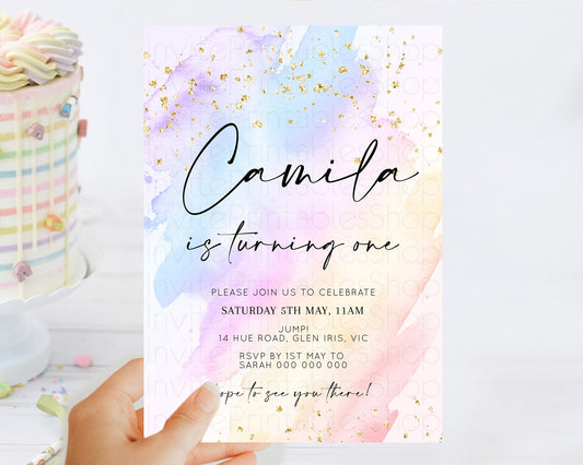 Editable Rainbow Birthday Invitation Colorful Pastel Watercolor Invitation G