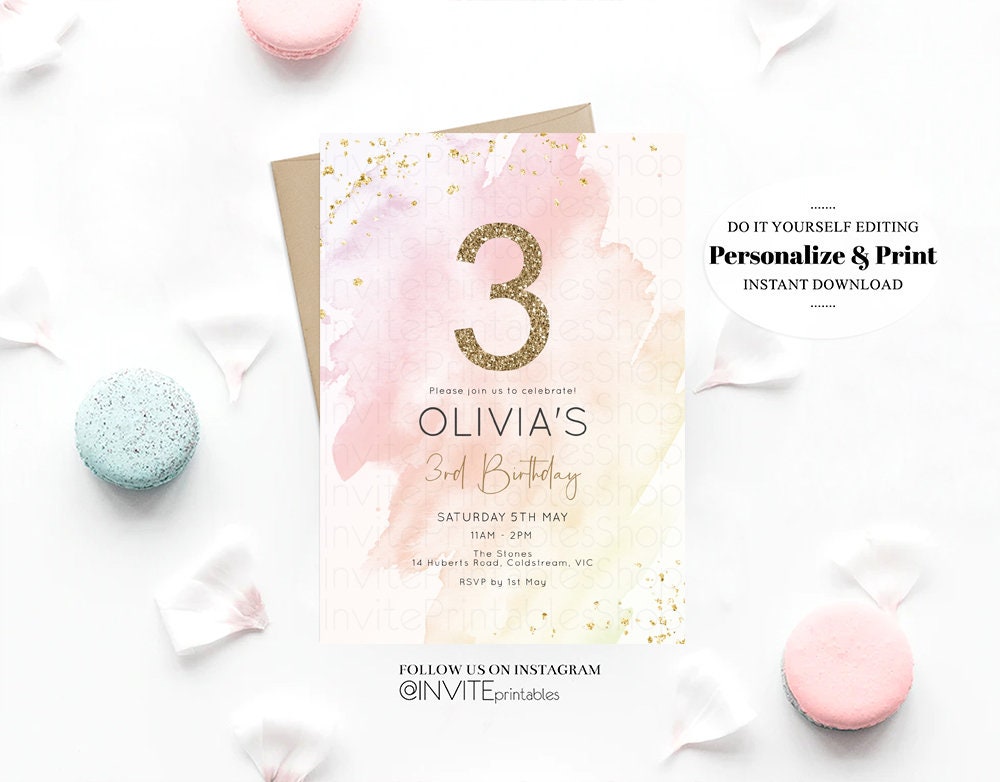 Watercolor Birthday Invitation Pastel Soft Pink Splash Ombre Ink Paint Gold Foil Glitter Age Confetti Modern Simple Custom Printable 133