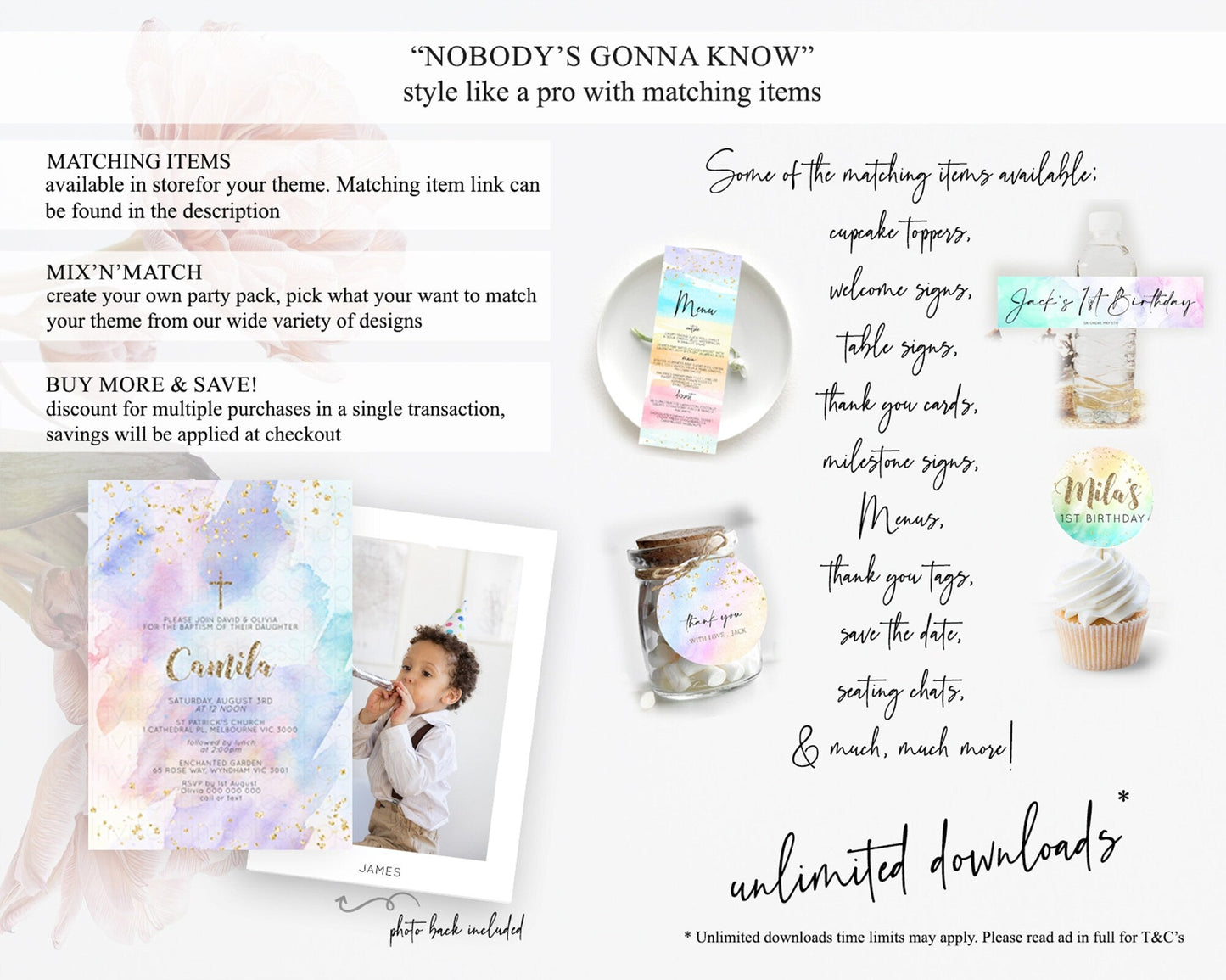 Pastel Baptism Invitation Pastel Colors Watercolor Baptism 1st Birthday Party Gold Ombre Pastel Rainbow Christening Holy Communion D10583