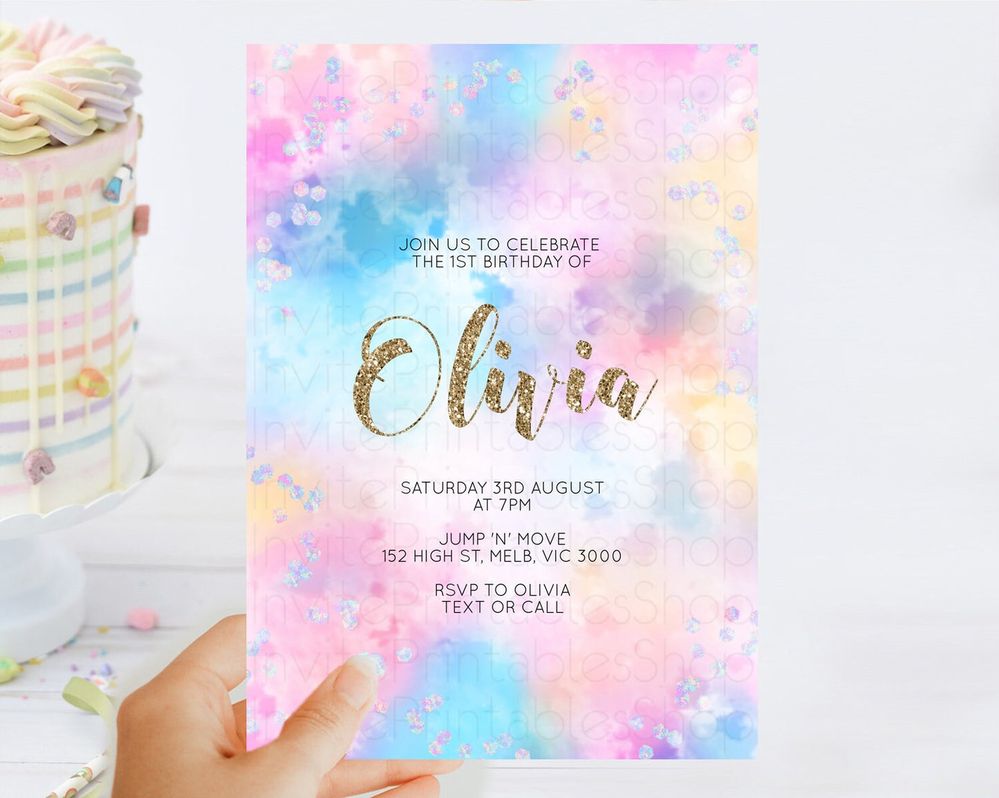 Rainbow Birthday Invitation Colorful Pastel Watercolor Invitation Gold Glitter Sprinkles Ombre Pastel 1st 2nd 3rd Birthday D10608