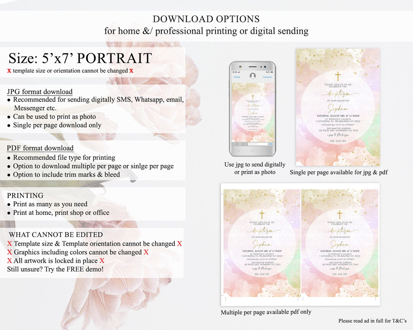 Pastel Baptism Invitation Pastel Colors Watercolor Baptism 1st Birthday Party Gold Ombre Pastel Rainbow Christening Holy Communion D10627