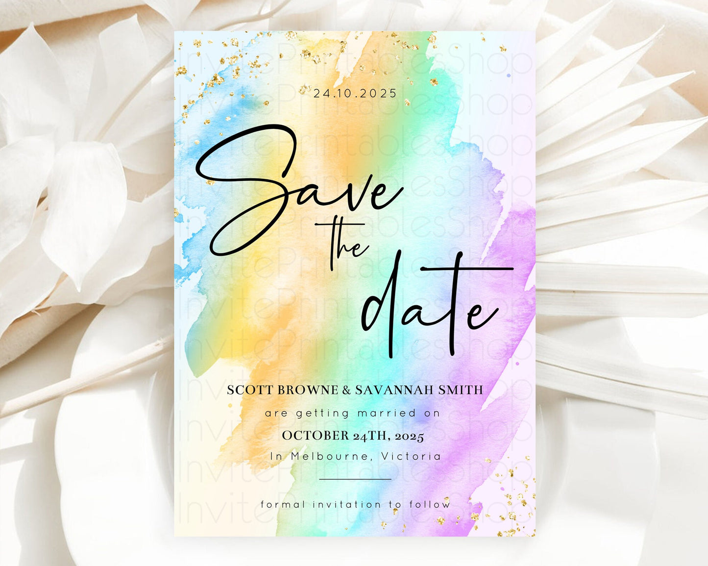 Pastel Save The Date Template Pastel Ombre Rainbow Watercolor Colorful Party For Birthday Baptism Baby Shower Wedding Bridal Shower D10427