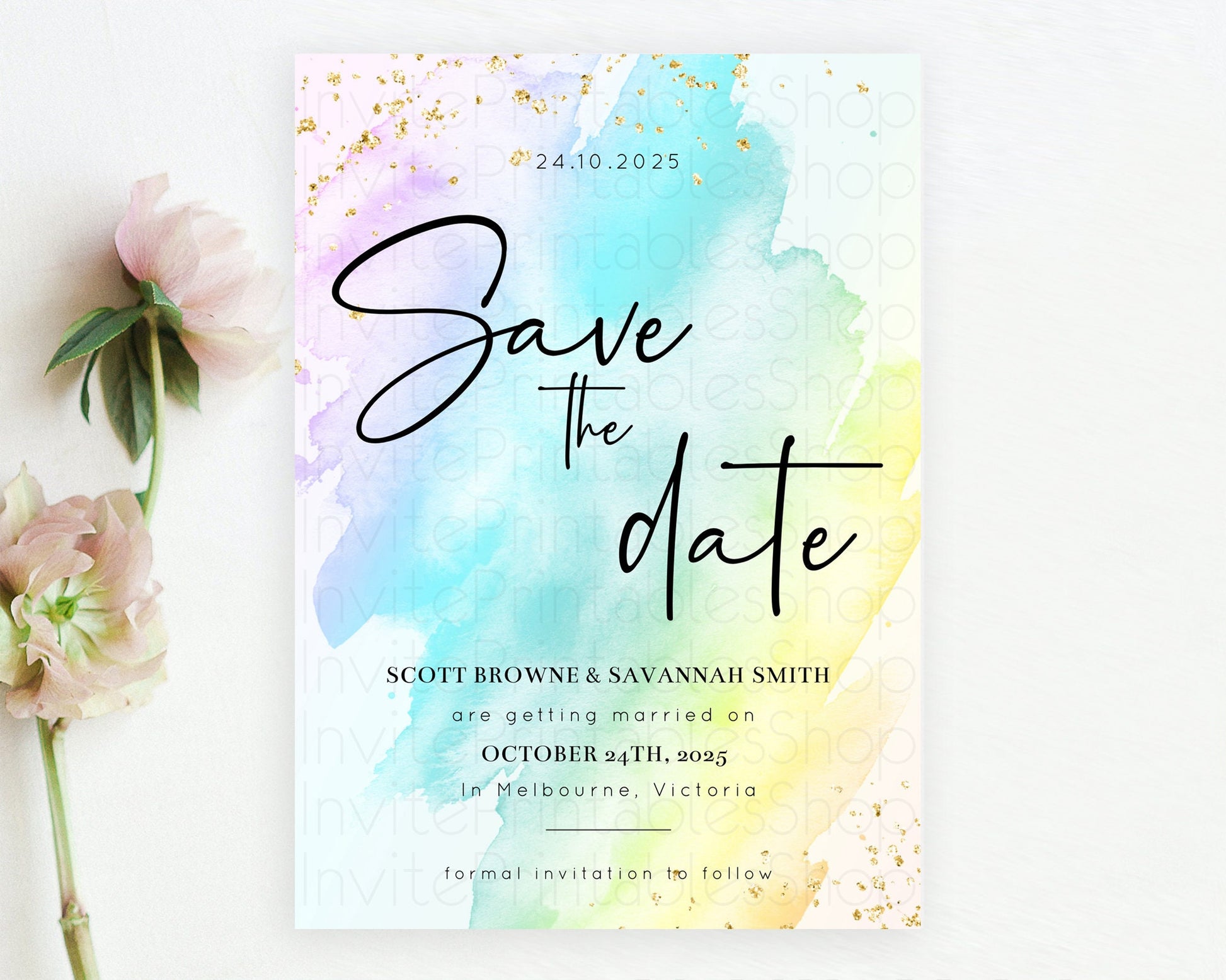 Editable Pastel Save The Date Template Pastel Ombre Rainbow Watercolor Color
